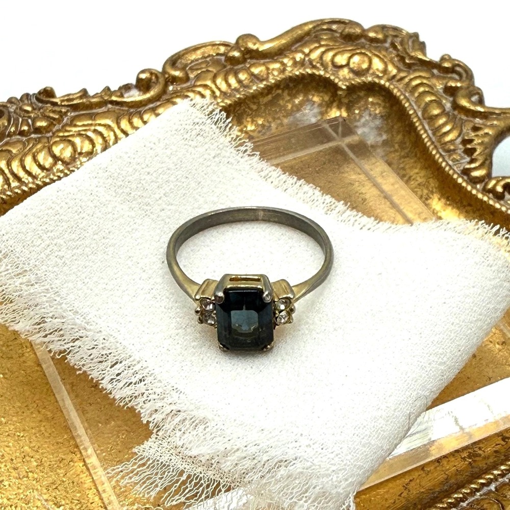 Vintage Emerald Cut Blue Stone Ring Rhinestone Accents Mixed Metal Size 6.5